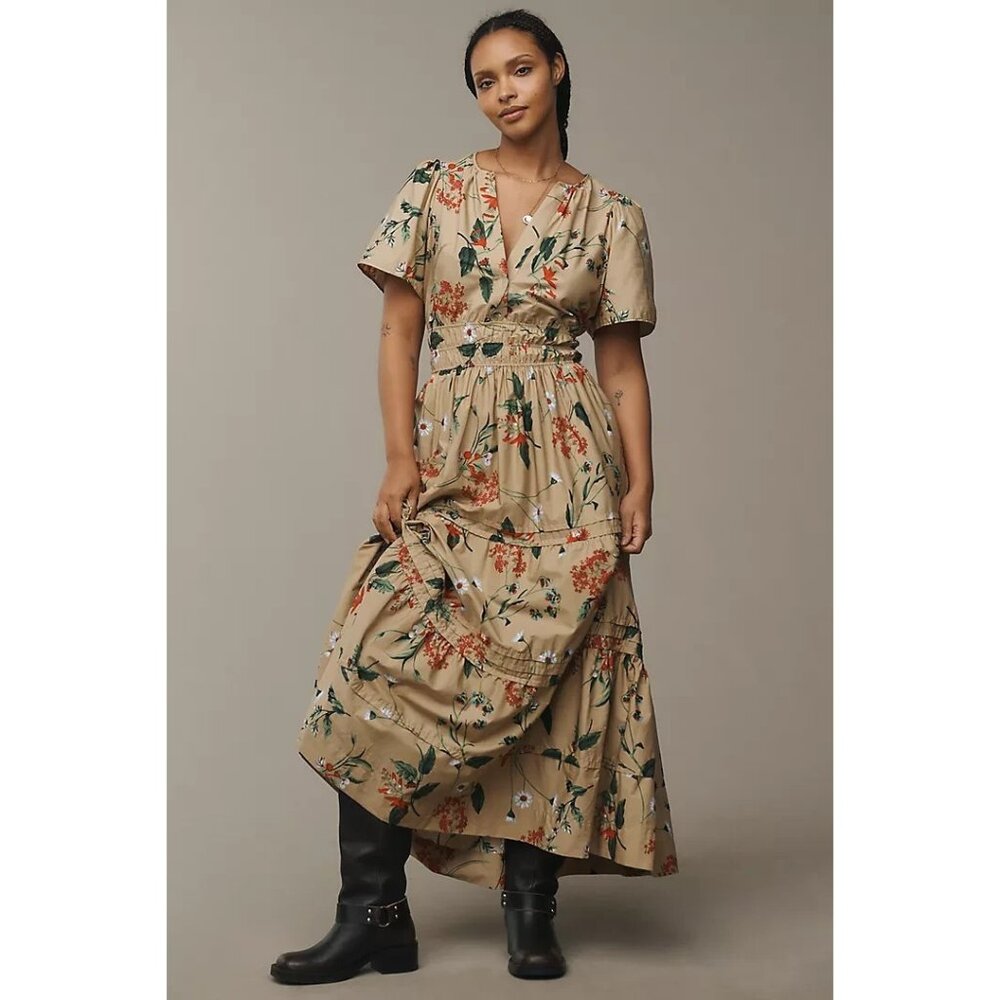 NWT Anthropologie Somerset Maxi in Khaki Floral Tiered Cotton Dress S